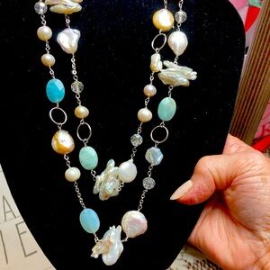 Elegant aqua blue and White Pearl 36 inch Necklace.